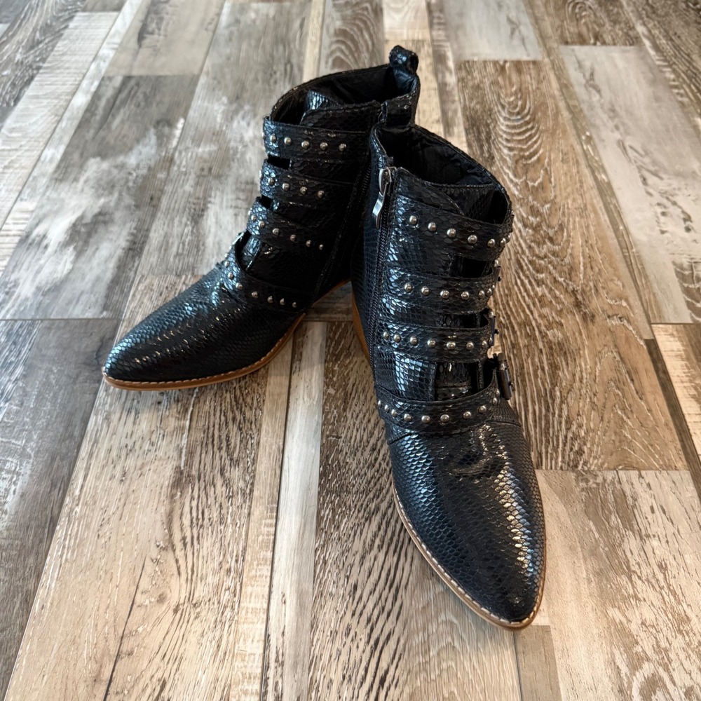 Ccocci Black Snakeskin Studded Buckle Pointed Toe Moto Western Ankle Boots 6.5